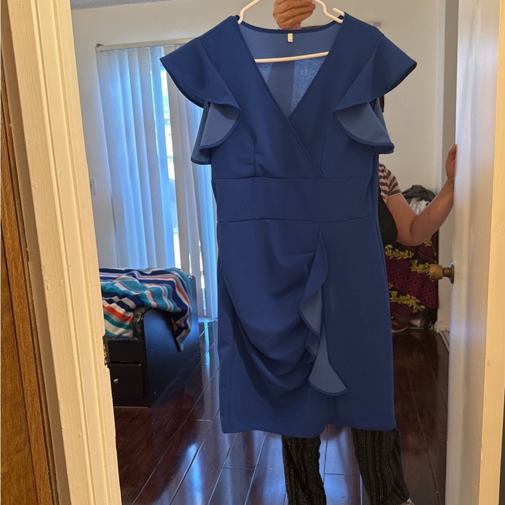 Blue V-Neck Flutter Sleeve Sheath Dress